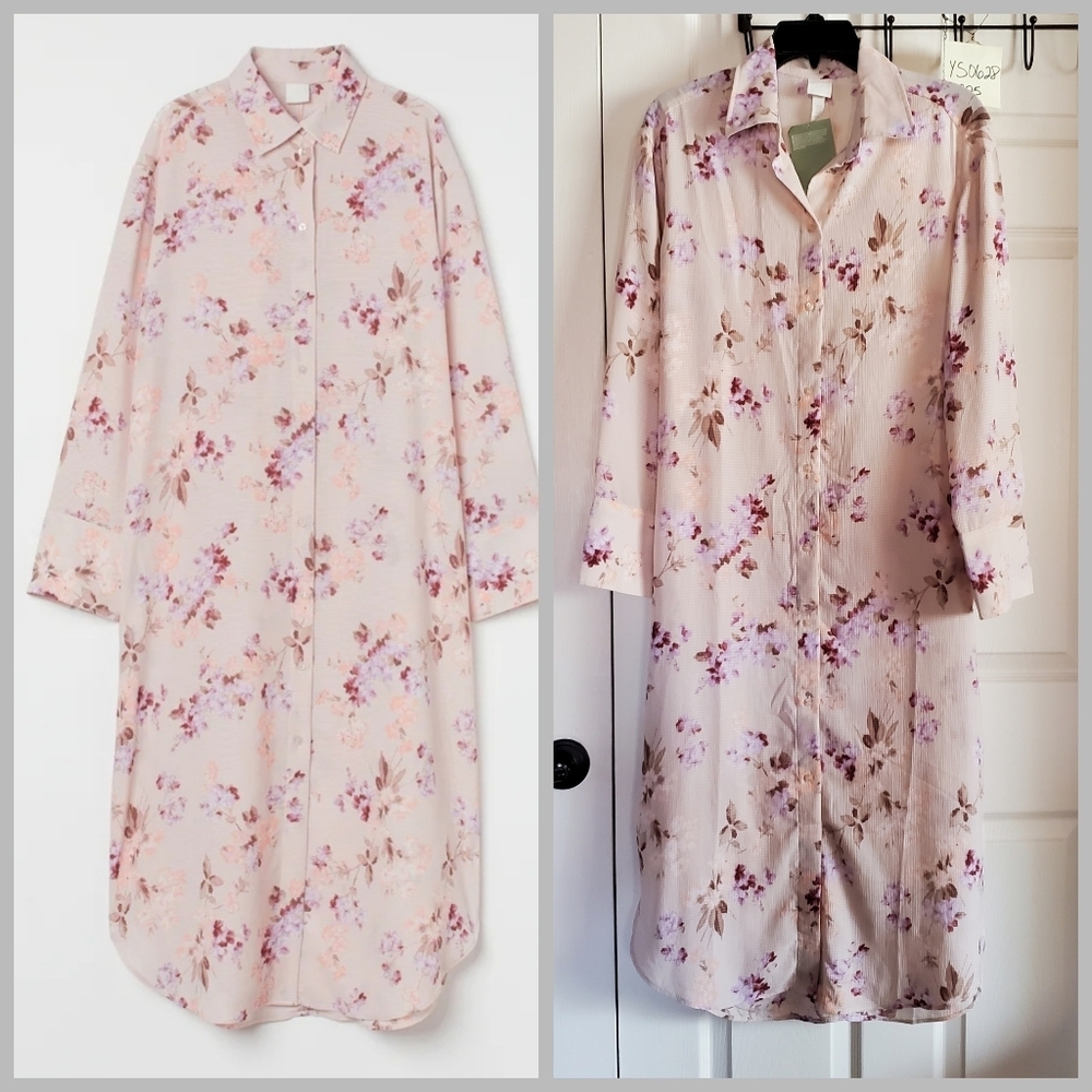 H&M Floral Pink Shirt Maxi Dress Button-up Long Sleeves Shift Size XS‎